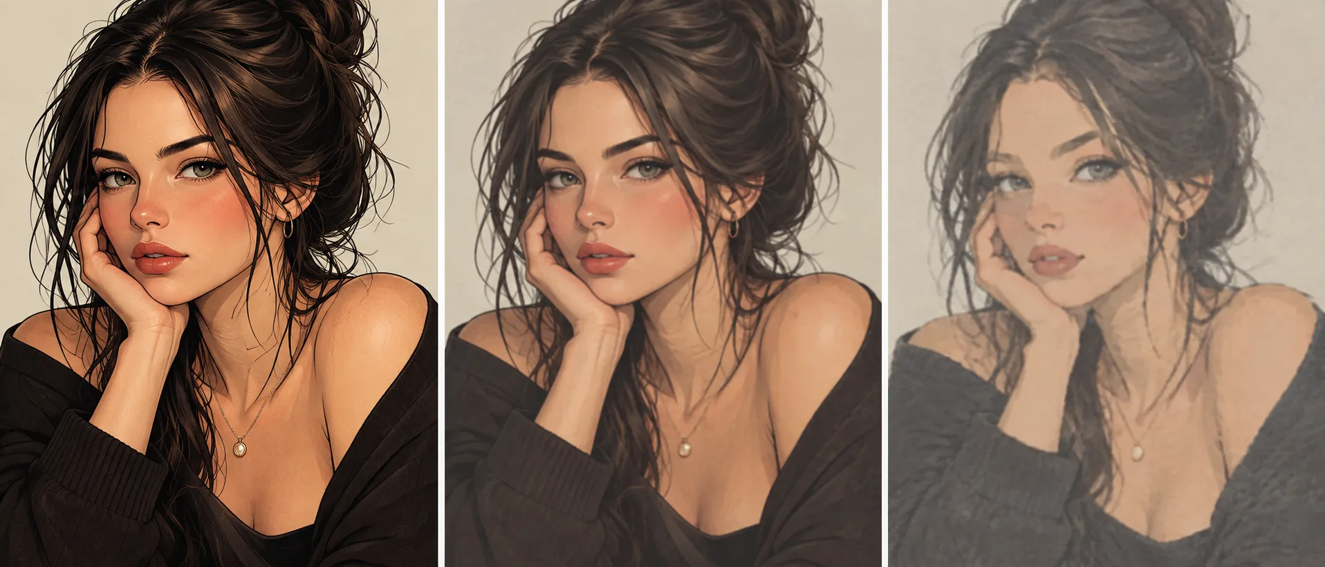 The same illustrated portrait across three editing passes: crisp linework and warm saturated colour on the left, slightly softer in the middle, and washed out with mushy linework and subtly altered facial proportions on the right