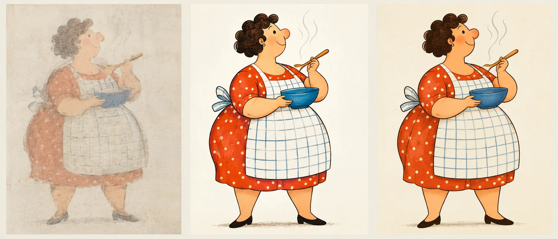 Three panels: a faded washed-out illustration on the left, the same character clean and vivid in the middle as a reference, and the faded version restored to crisp linework and warm colour on the right