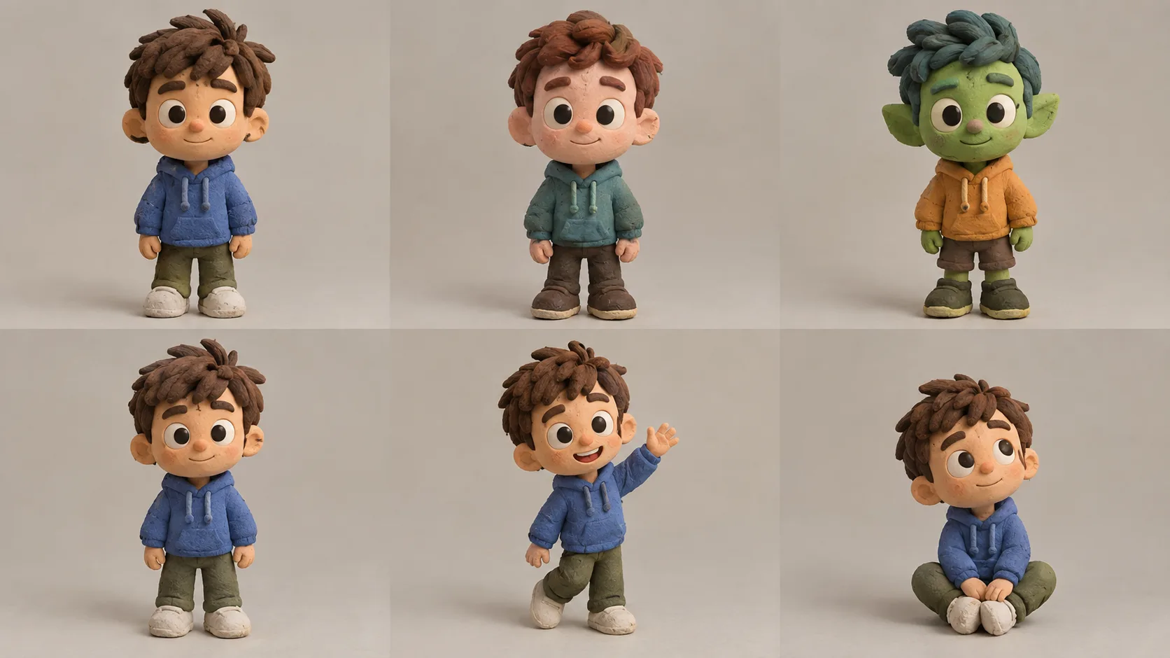 Top row: three clay-style character frames where the hoodie colour and then the character's whole appearance drift until the third frame shows a different character. Bottom row: the same character across three poses staying consistent in design and colour
