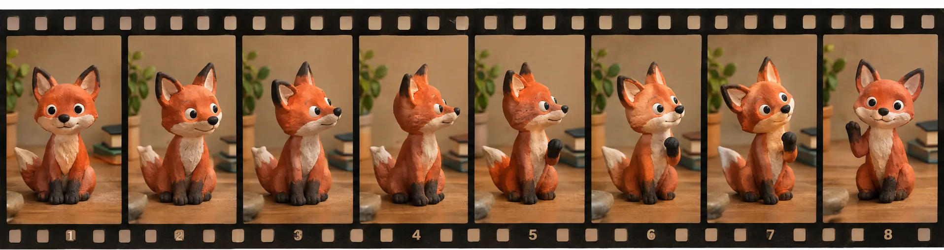 A filmstrip of eight numbered stop-motion frames showing a handmade clay fox turning its head and raising one paw, with visible clay texture and the same tabletop set in every frame